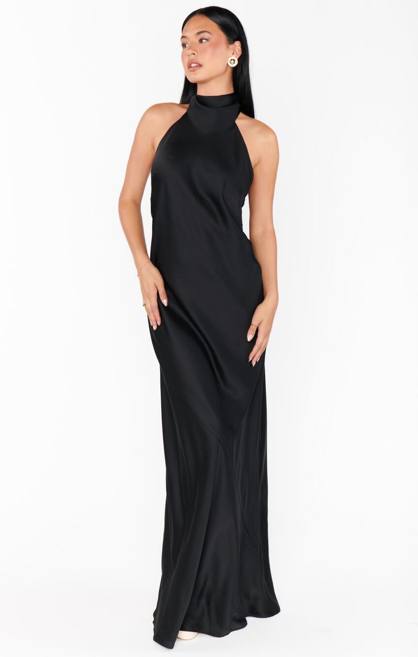 Show Me Your Mumu Lisa Maxi Dress in Black Luxe Satin XS